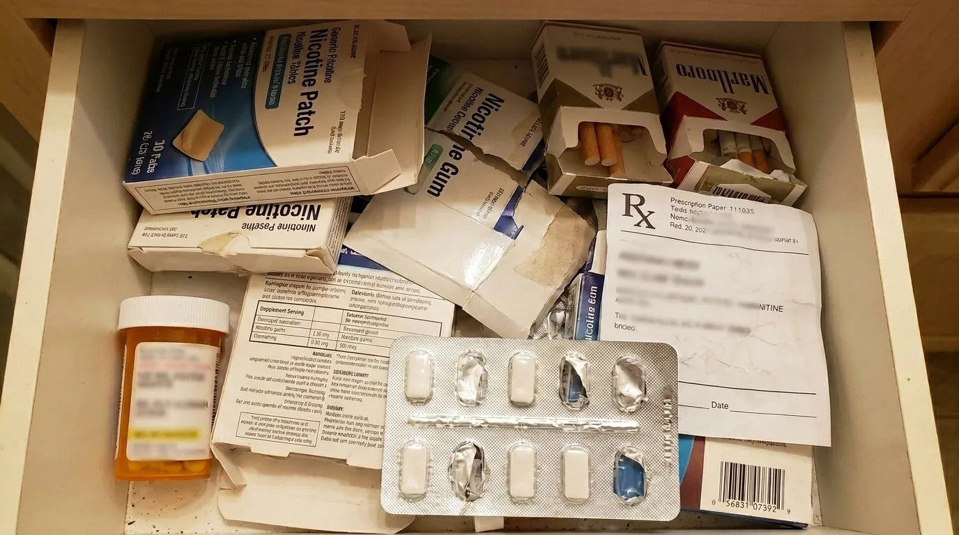 Sertar cu plasturi cu nicotină, gume, pastile și țigări