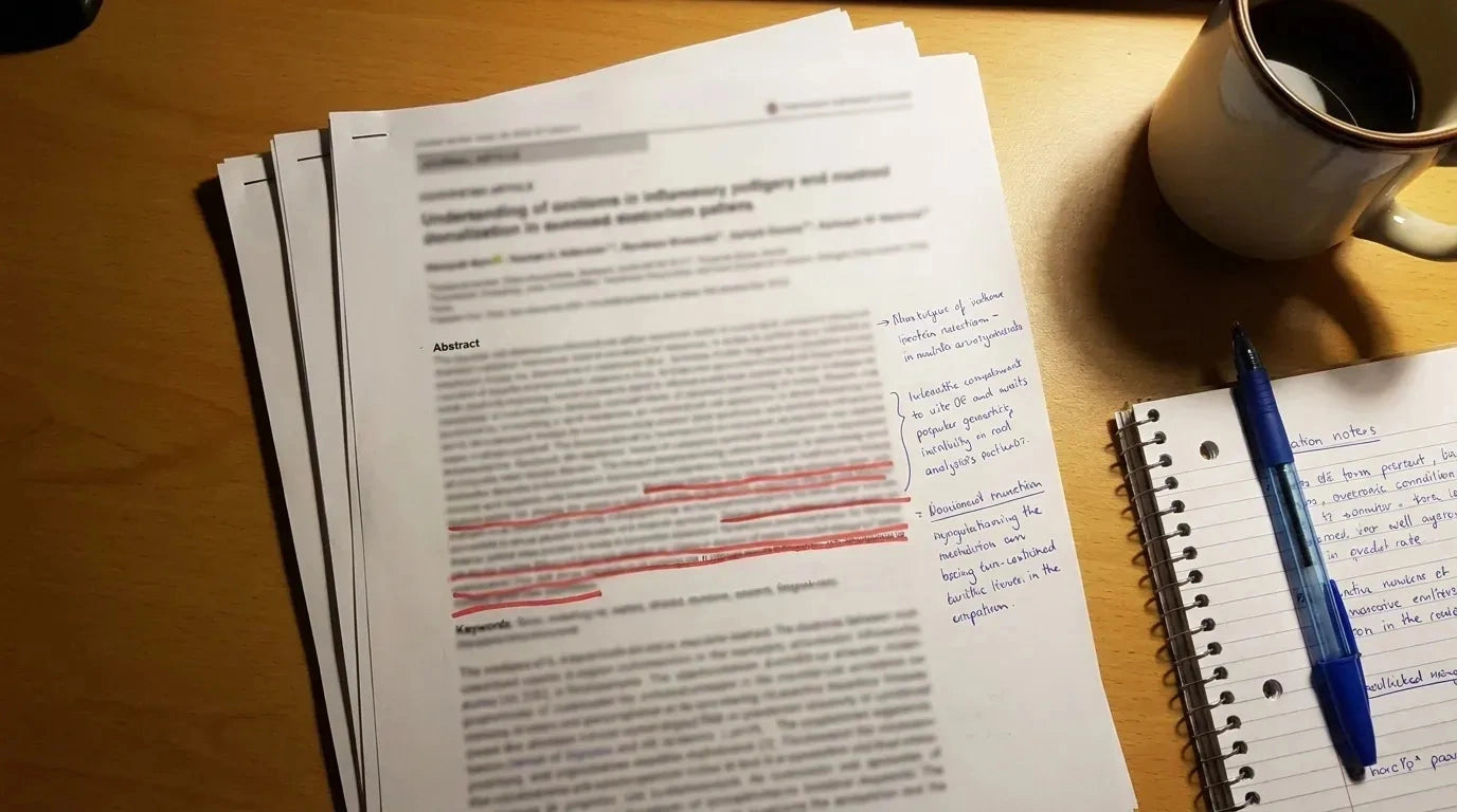 Studiu plin de sublinieri pe masă, cu o cafea și un carnețel