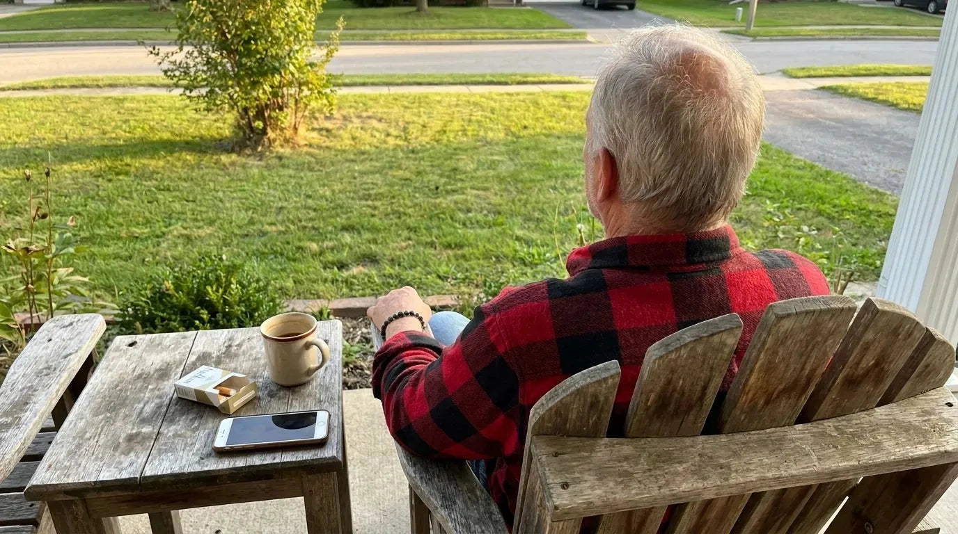 Bărbat văzut din spate pe verandă, în cămașă în carouri roșii, cu o cafea
