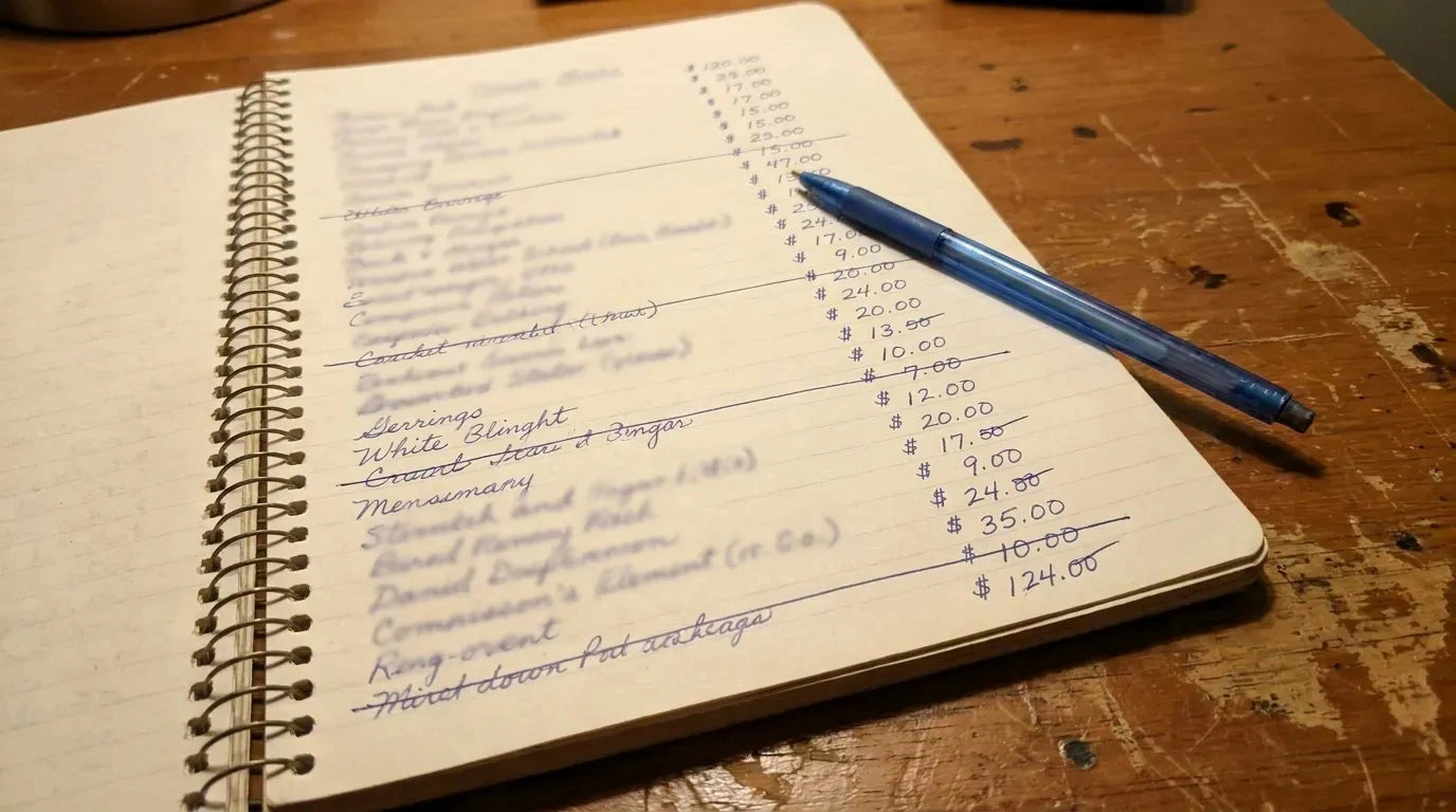 Notițe de cheltuieli scrise de mână, cu un pix