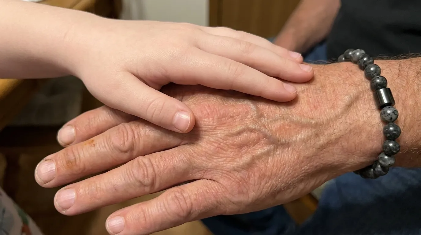 Mâna unei fetițe pe mâna tatălui ei, care poartă brățara la încheietură