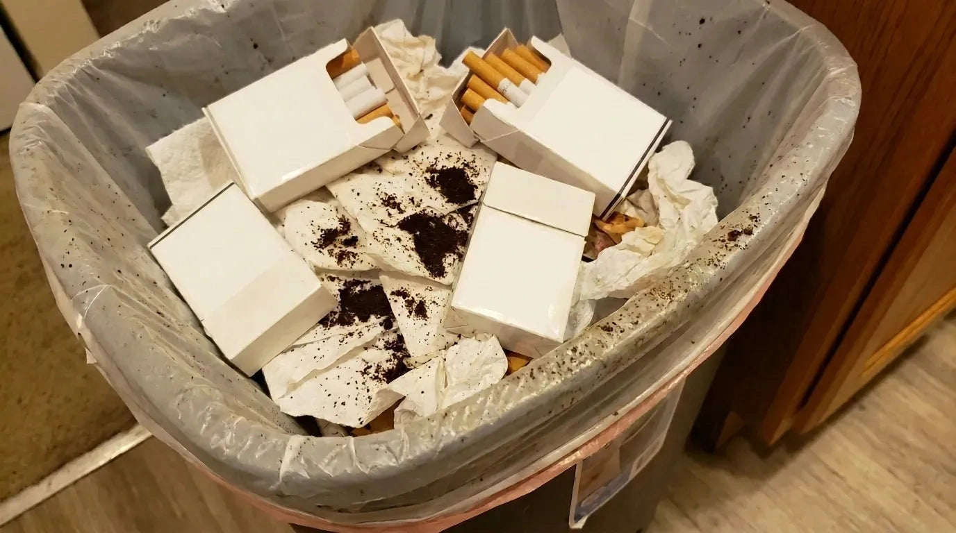 Coș de gunoi cu pachete de țigări și zaț de cafea