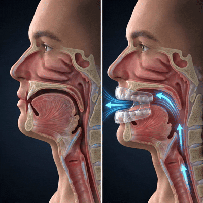 Comparație profil facial fără/cu dispozitiv de avansare mandibulară