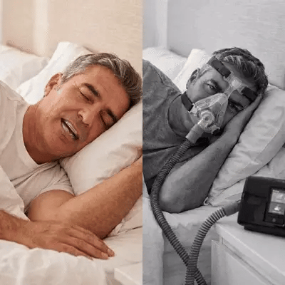 Comparație persoană dormind liniștită vs. persoană cu mască CPAP